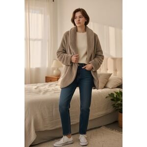 Cuddl Duds Women Shawl Collar Fuzzy Cardigan Sweater Taupe Size M